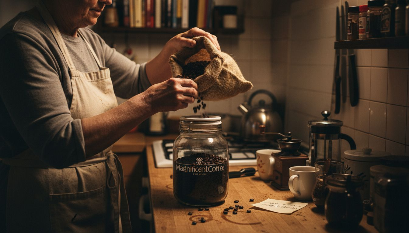 Przechowywanie ziaren kawy w szklanym słoiku