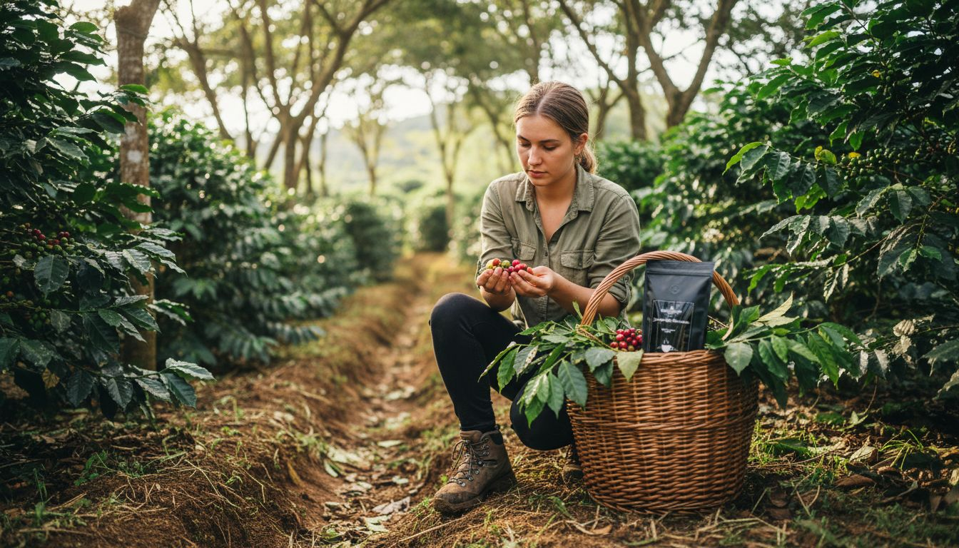 Kobieta uważnie ogląda dojrzałe owoce kawowca na plantacji.