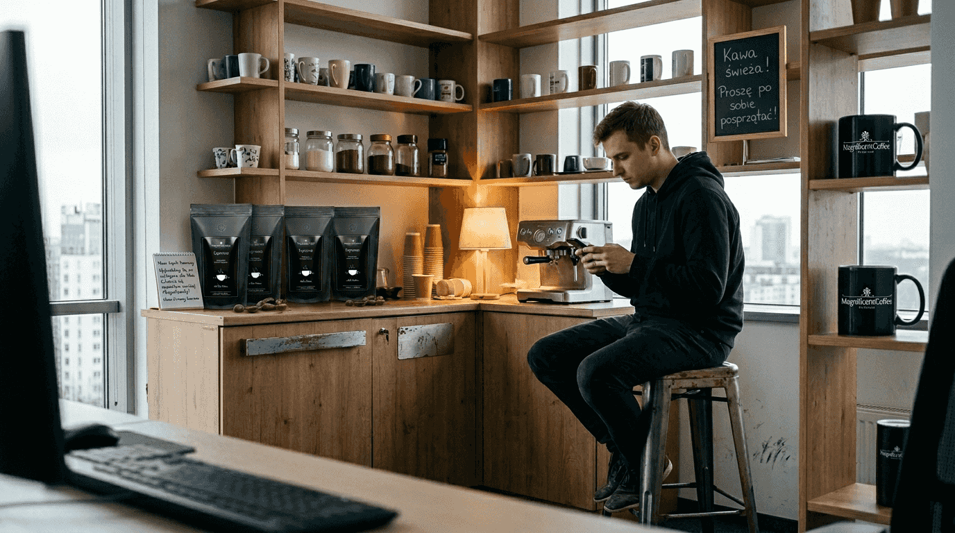 Pracownik IT samotnie przygotowujący stanowisko do parzenia kawy