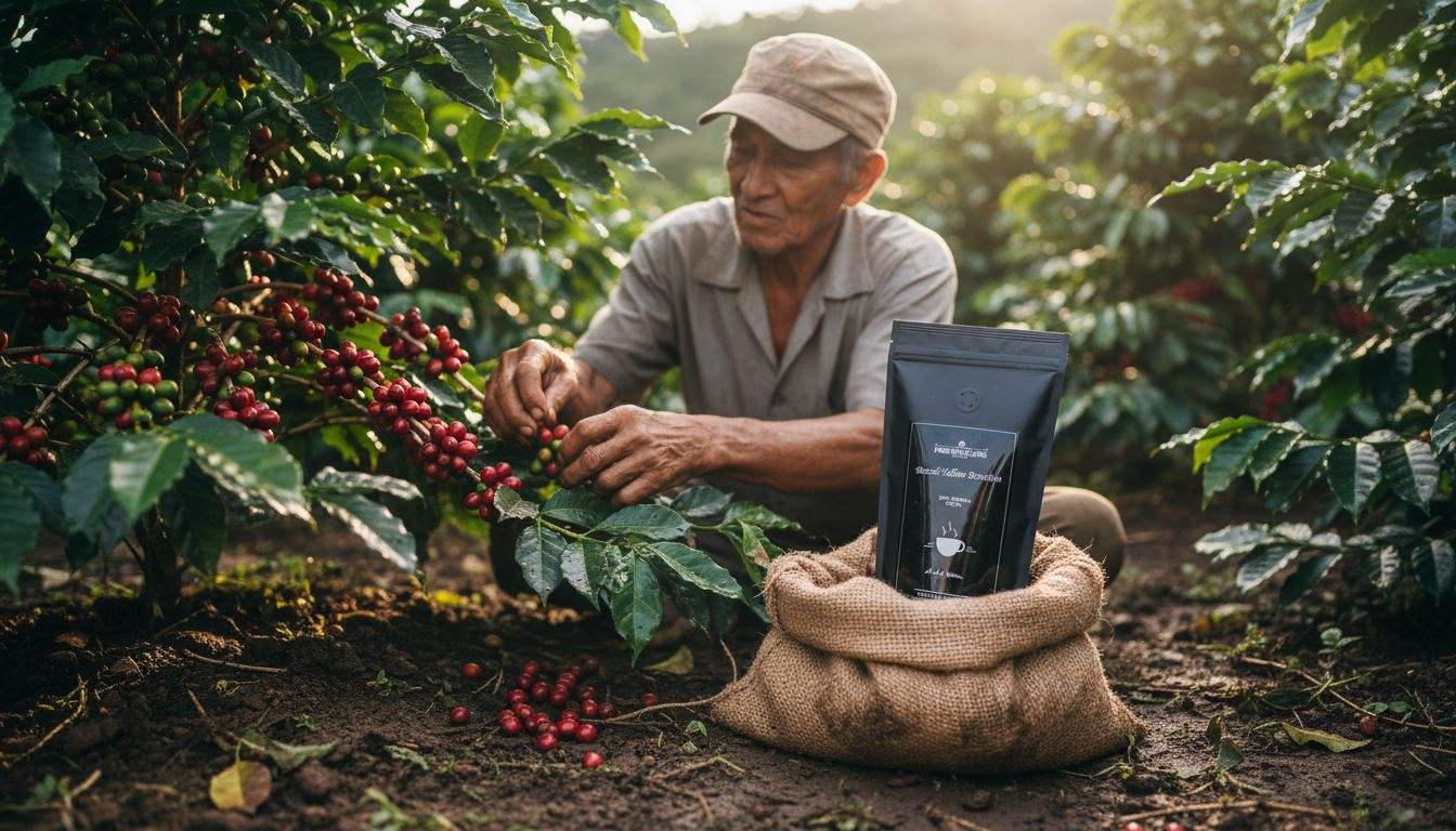 Doświadczony zbieracz starannie selekcjonuje dojrzałe owoce kawy, zbierając je ręcznie prosto z krzewu.