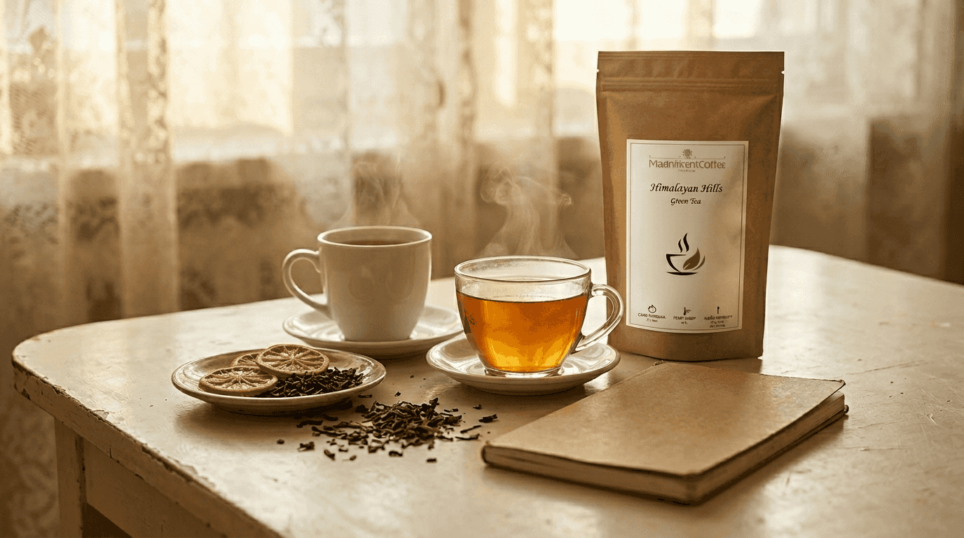 Dwie filiżanki aromatycznej herbaty z dodatkiem suszonych owoców