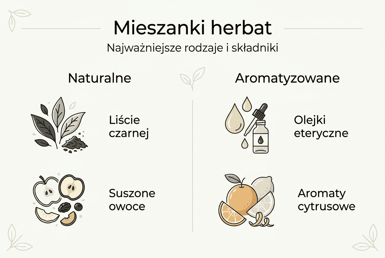 Infografika prezentująca różne rodzaje herbacianych mieszanek