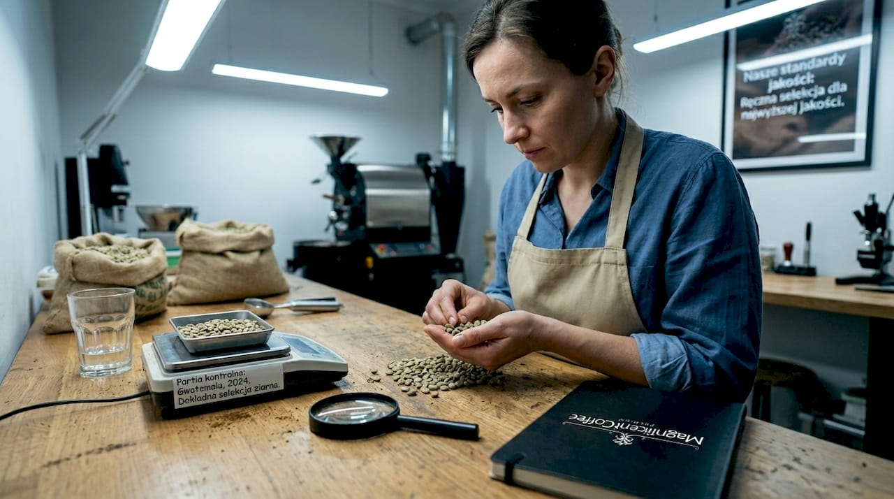 Ekspert sprawdzający świeżość ziaren kawy