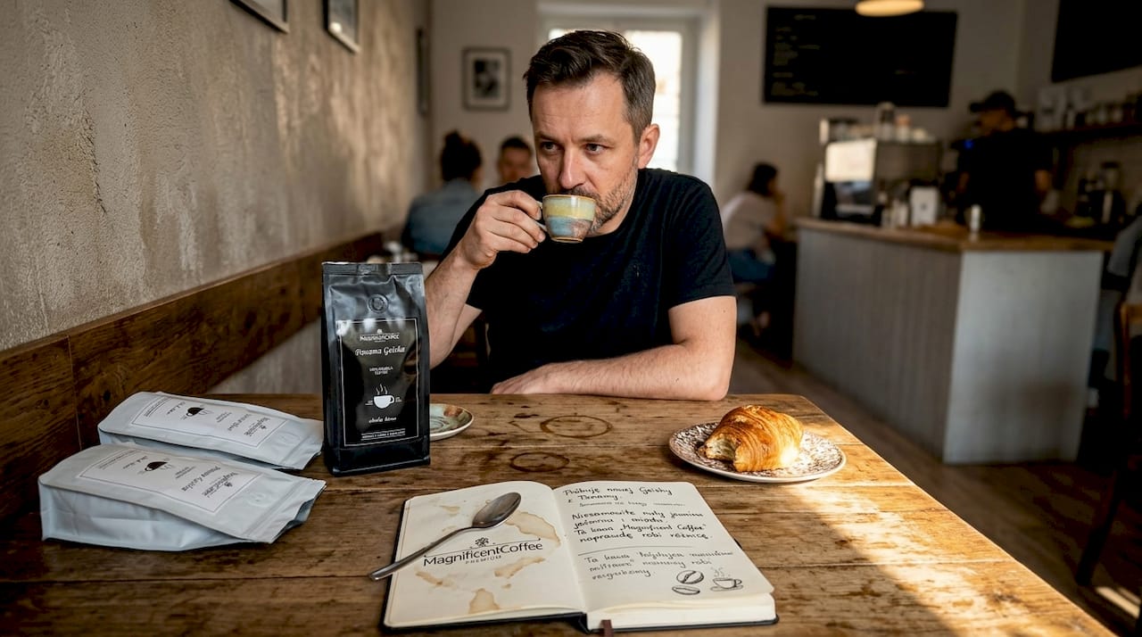 Właściciel kawiarni testuje różne gatunki espresso z pojedynczych plantacji, by wybrać najlepszy smak do swojej oferty.