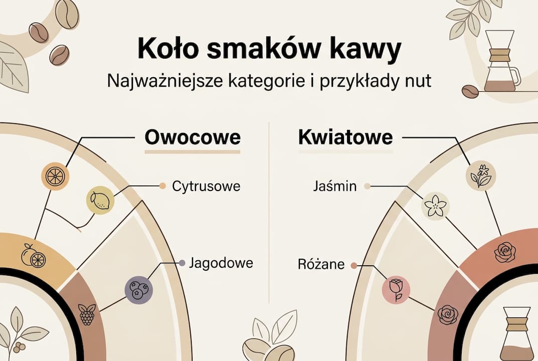 Infografika prezentująca różnorodne profile smakowe kawy