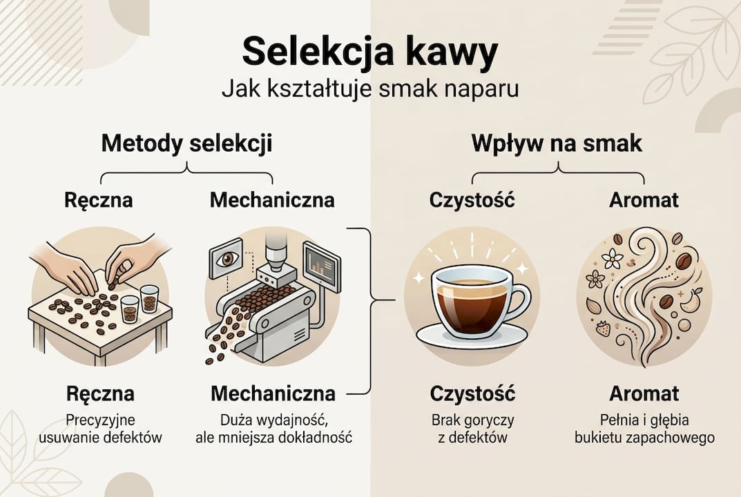 Infografika pokazująca, jak selekcja ziaren kawy wpływa na jej jakość i smak