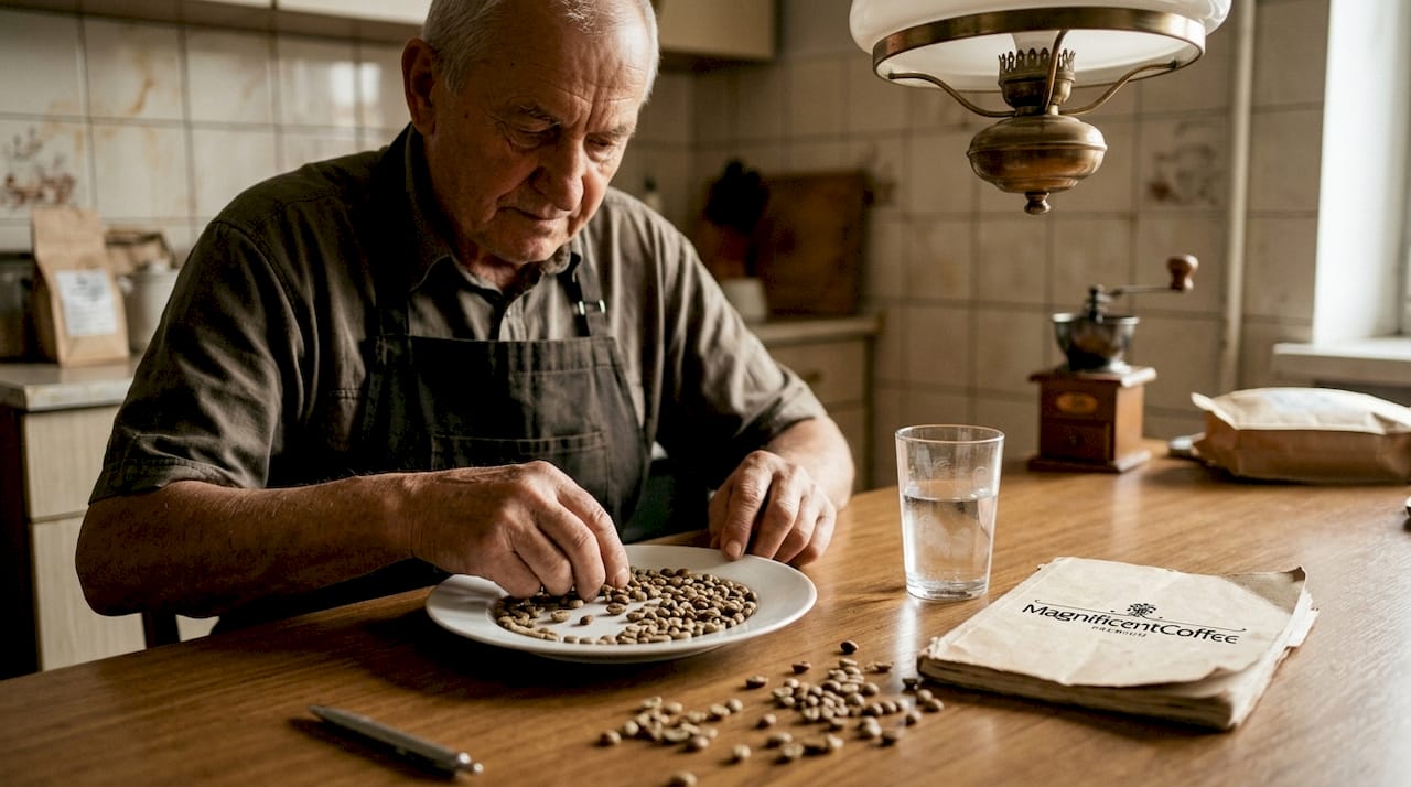 Pracownik w kuchni przebiera ziarna kawy, starannie oddzielając te najlepsze.