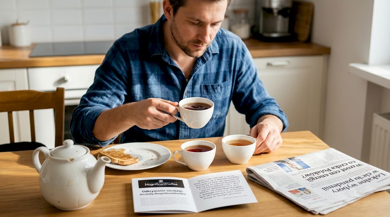 Mężczyzna przy śniadaniu próbuje różne rodzaje czarnej herbaty.