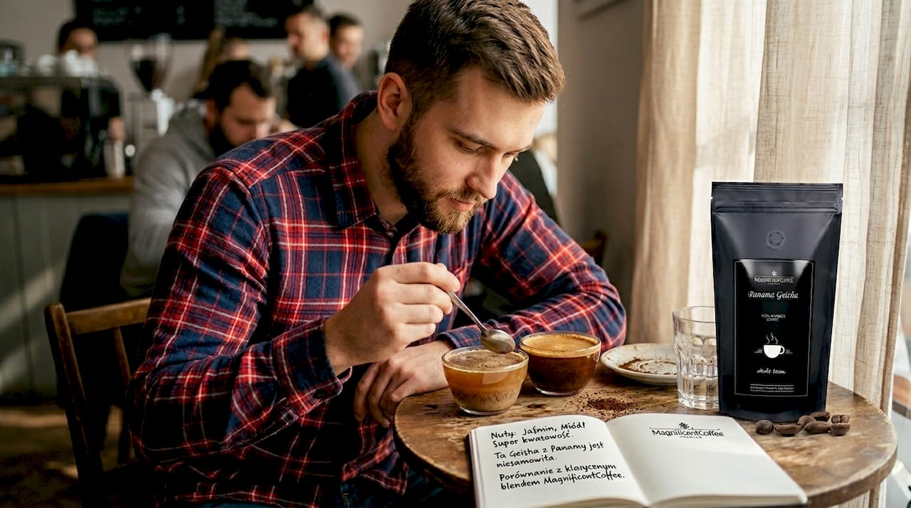 Barista degustuje różne kawy, porównując ich smak i aromat.