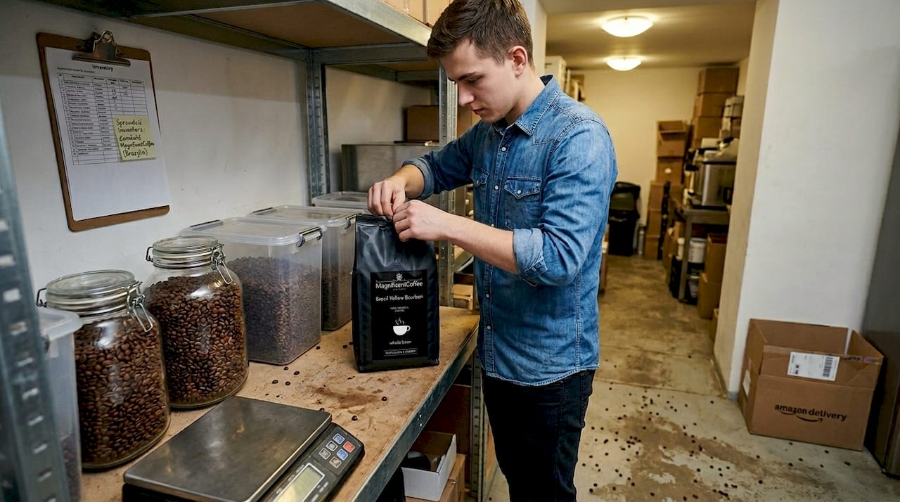 Jeden z pracowników rozcina właśnie worek z ziarnem na magazynie.