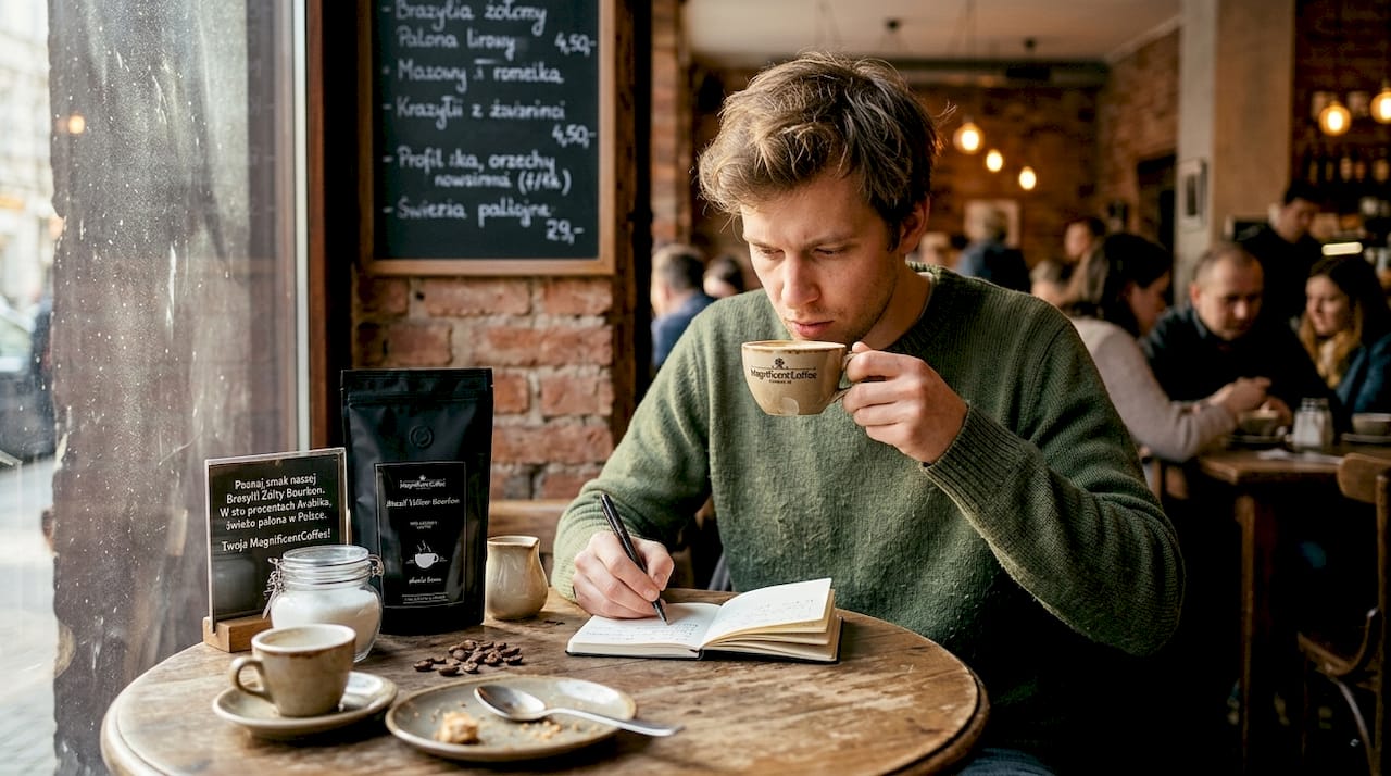 Mężczyzna siedzi w kawiarni i zapisuje swoje wrażenia z degustacji kawy.