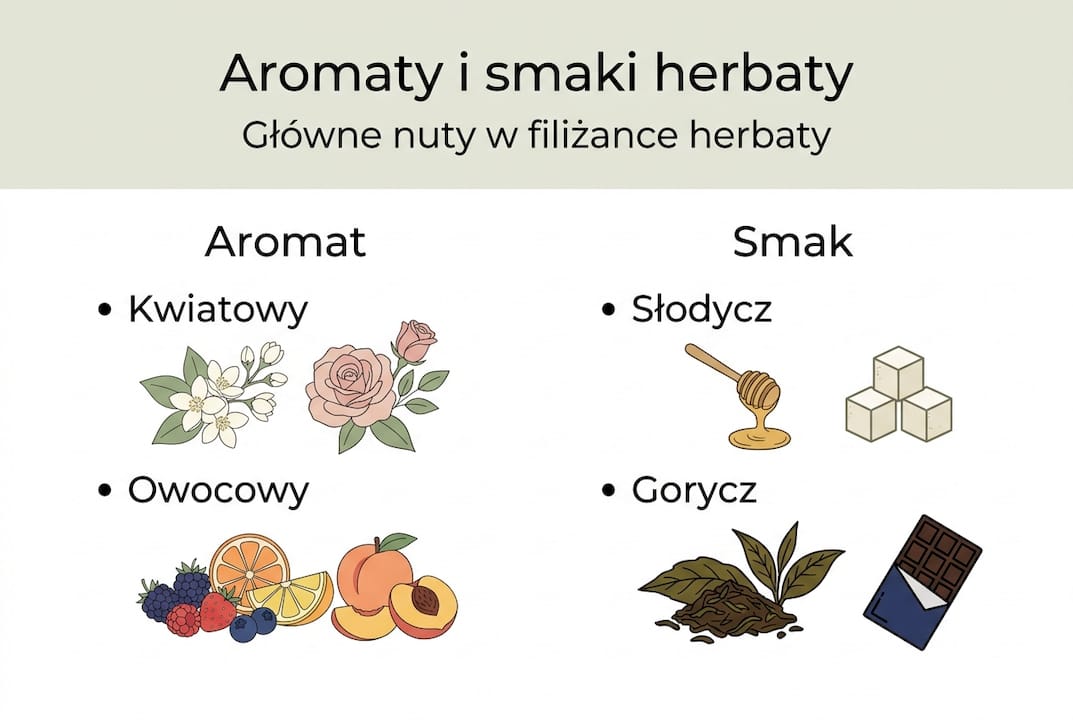 Infografika przedstawiająca różnorodność aromatów i smaków herbaty