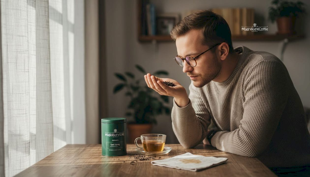 Mężczyzna z ciekawością wdycha aromat suchych liści herbaty, próbując wyczuć ich wyjątkowy zapach.