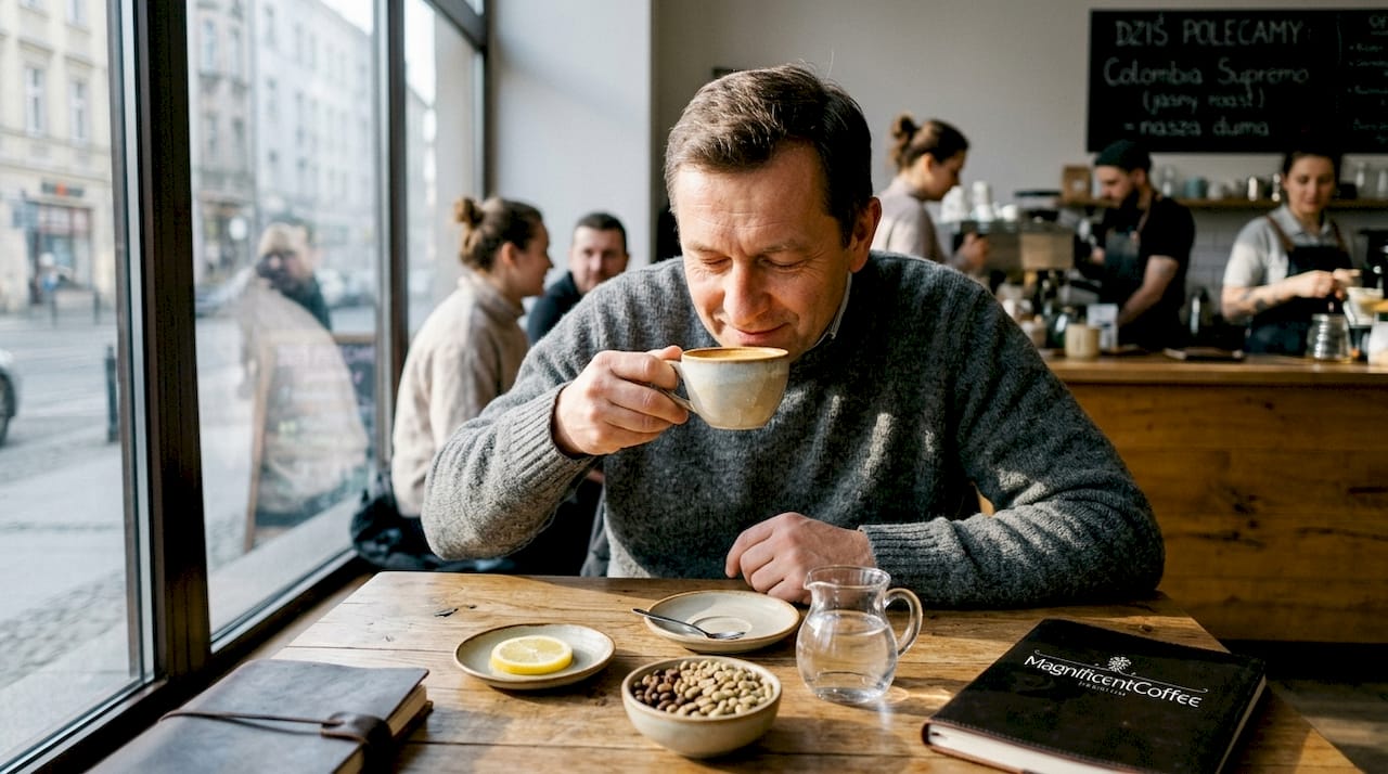 Mężczyzna delektuje się kawą o delikatnym, jasnym paleniu.