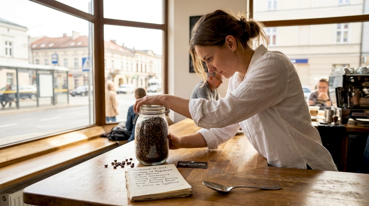 Właścicielka osobiście ocenia jakość i świeżość ziaren kawy, zanim trafią do młynka.