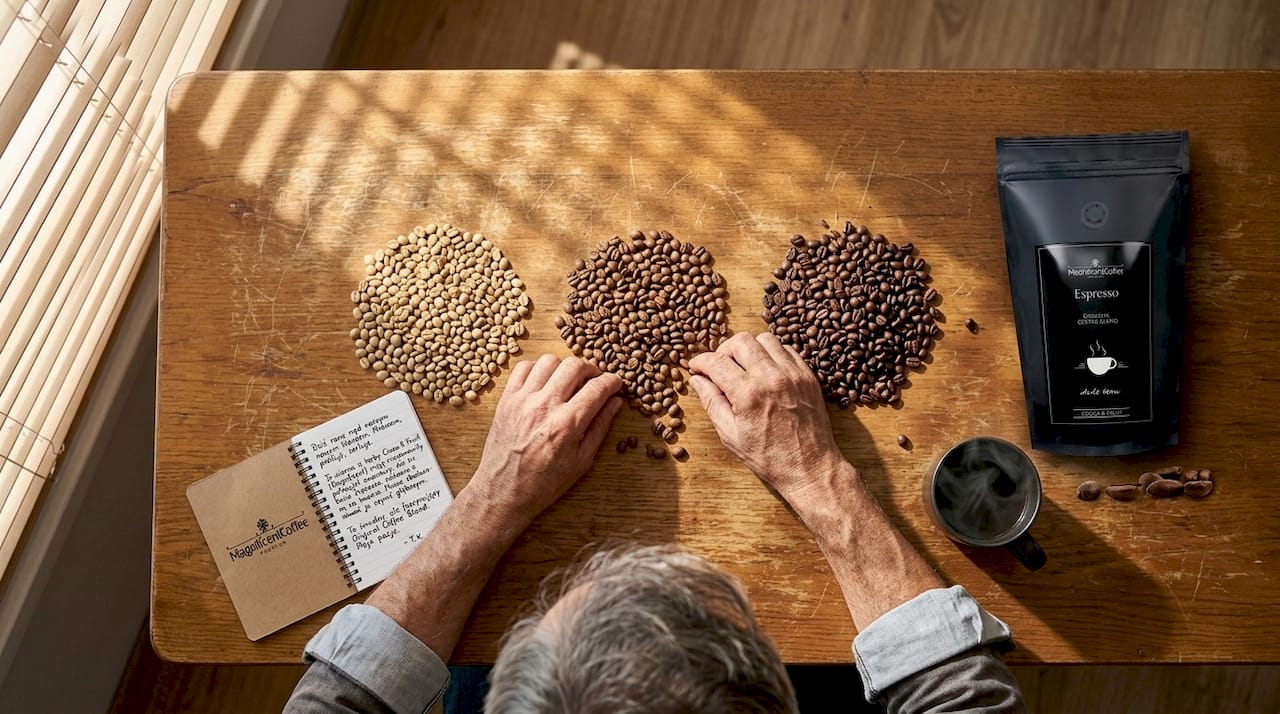 Mężczyzna selekcjonuje ziarna kawy, przygotowując je do stworzenia unikalnych mieszanek.