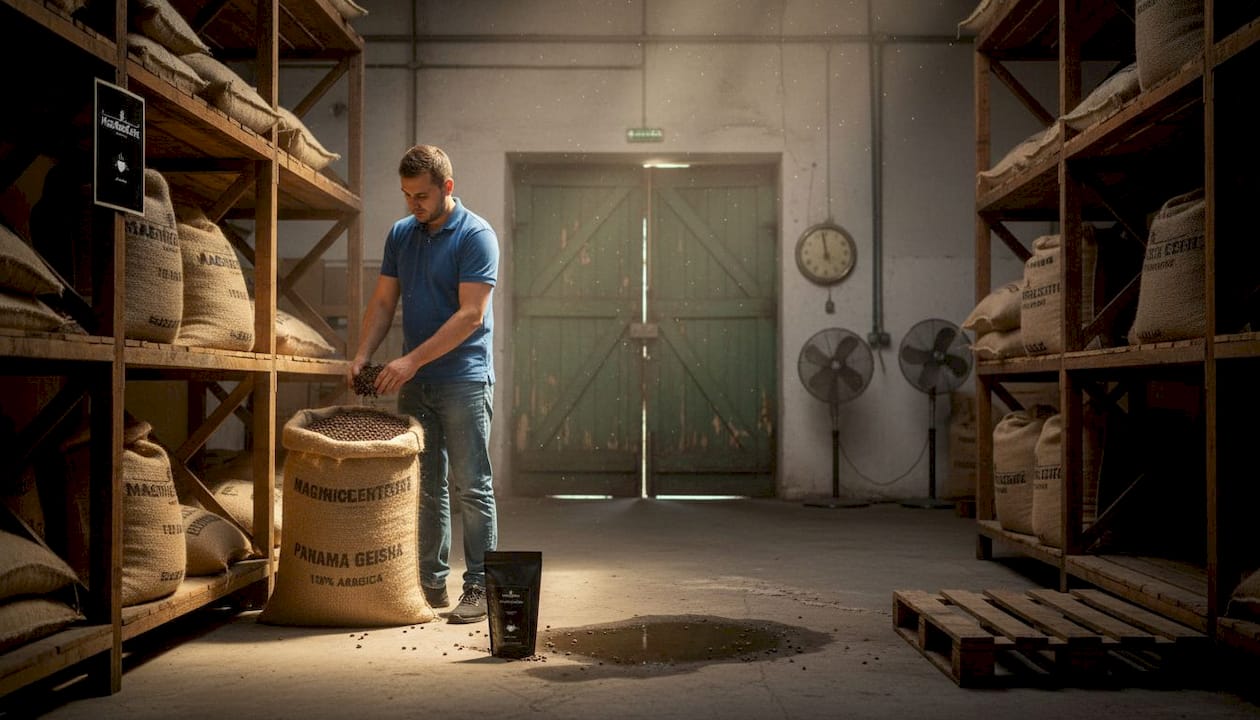 Pracownik magazynu kontroluje zapasy ziaren kawy.