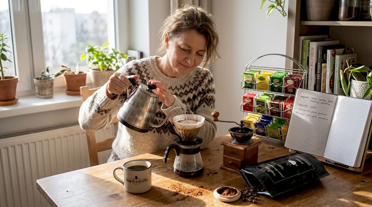 Kobieta parzy w domu kawę z ekspresu przelewowego.