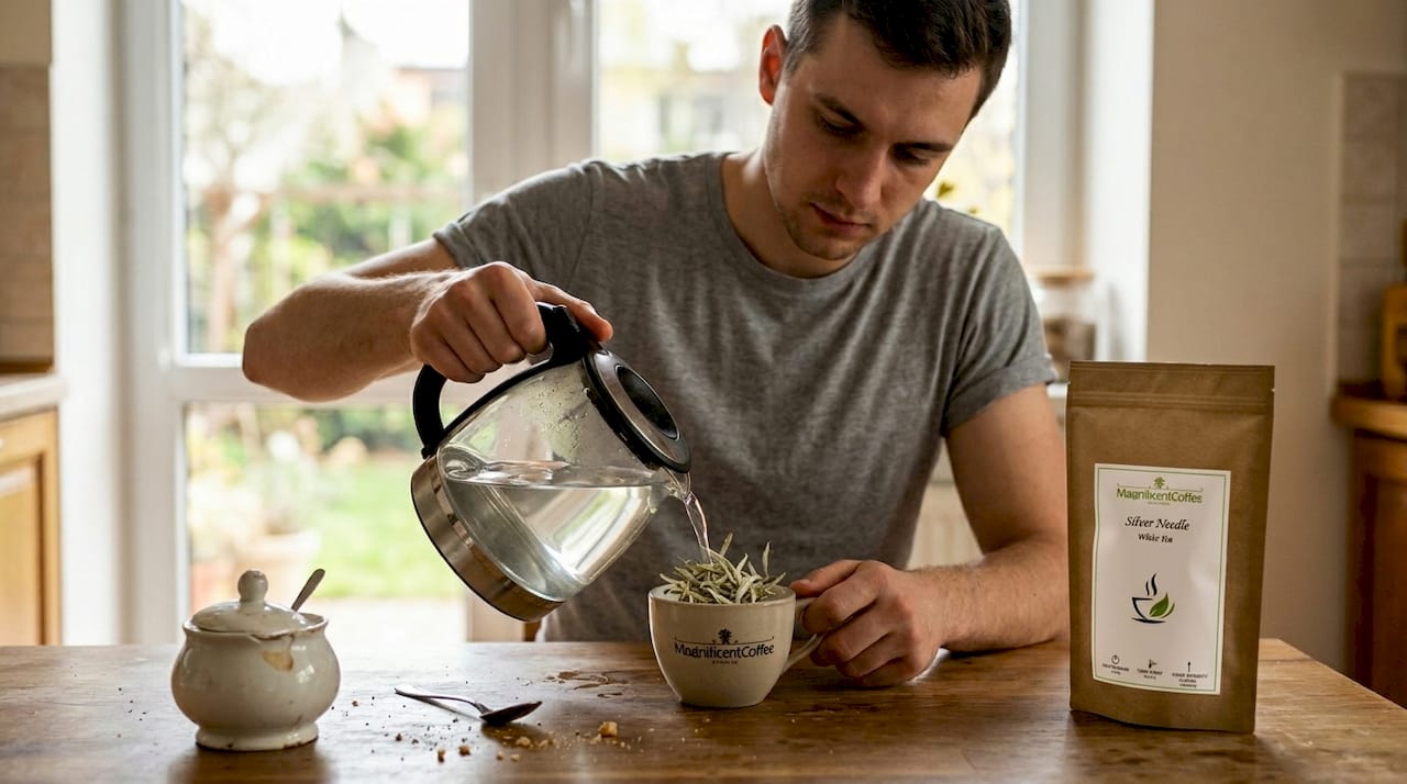 Mężczyzna parzy białą herbatę w słonecznej kuchni.