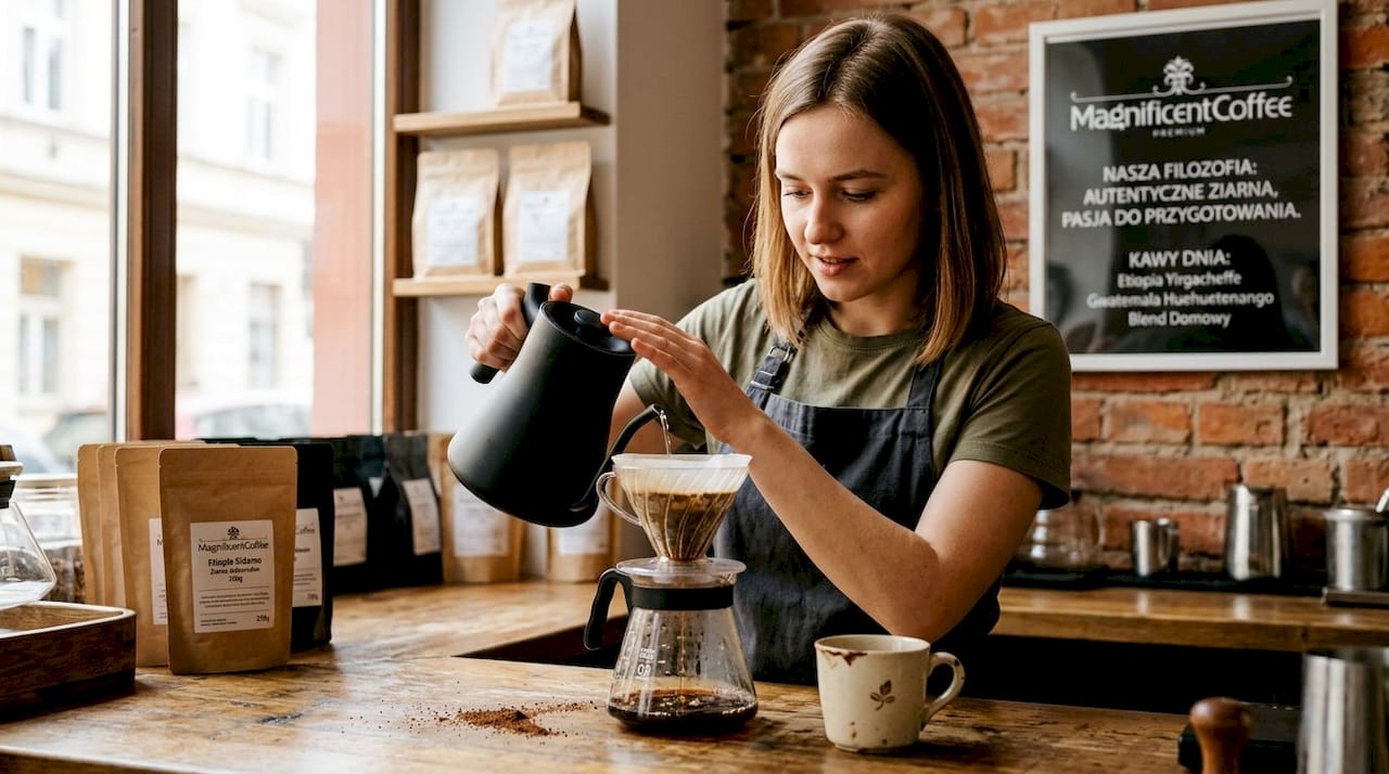 Barista przygotowuje kawę metodą przelewową w kawiarni.
