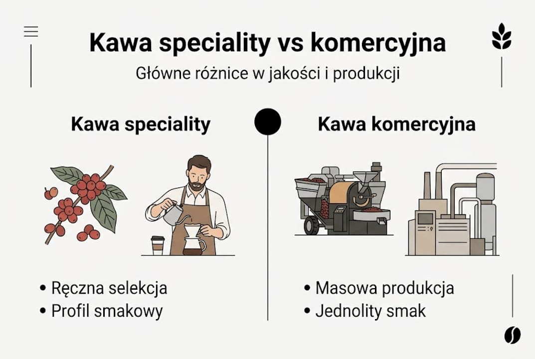Infografika przedstawiająca kluczowe różnice między kawą speciality a kawą przemysłową