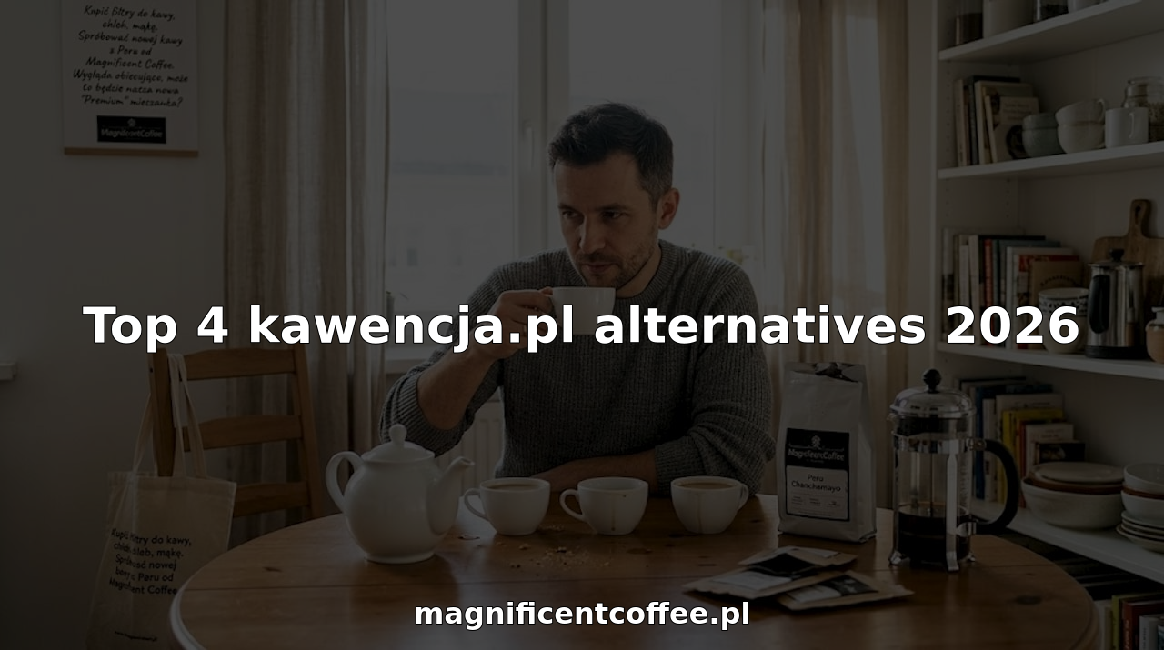 Mężczyzna siedzi przy kuchennym stole i próbuje różne zamienniki kawy.