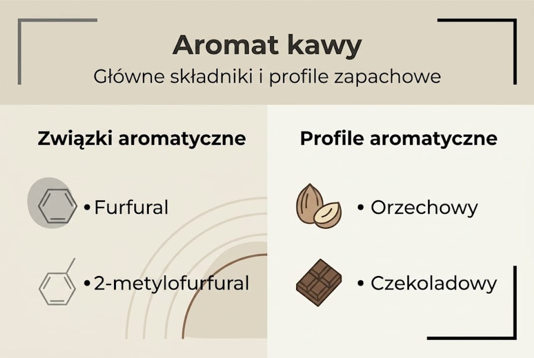 Grafika prezentująca najważniejsze składniki kawy oraz jej bogaty profil smakowy i aromatyczny.