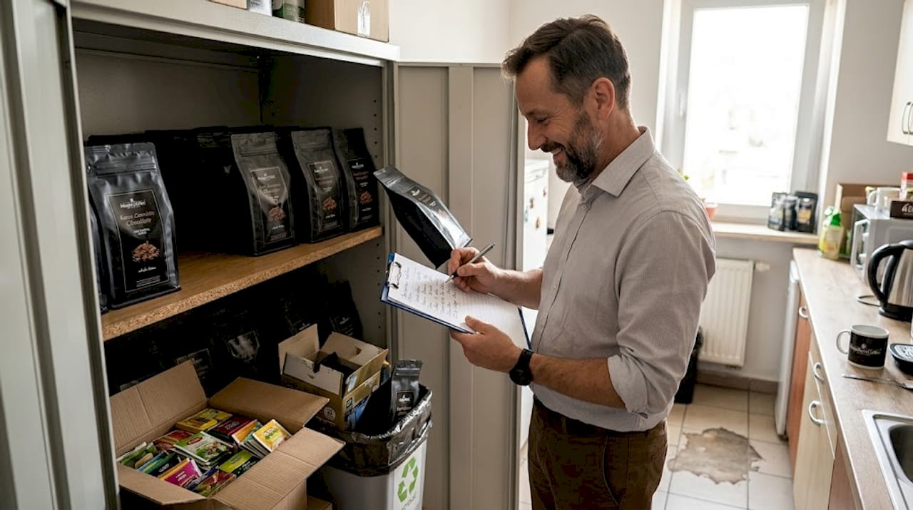 Mężczyzna sprawdza, czy w firmowej kuchni nie kończy się kawa.