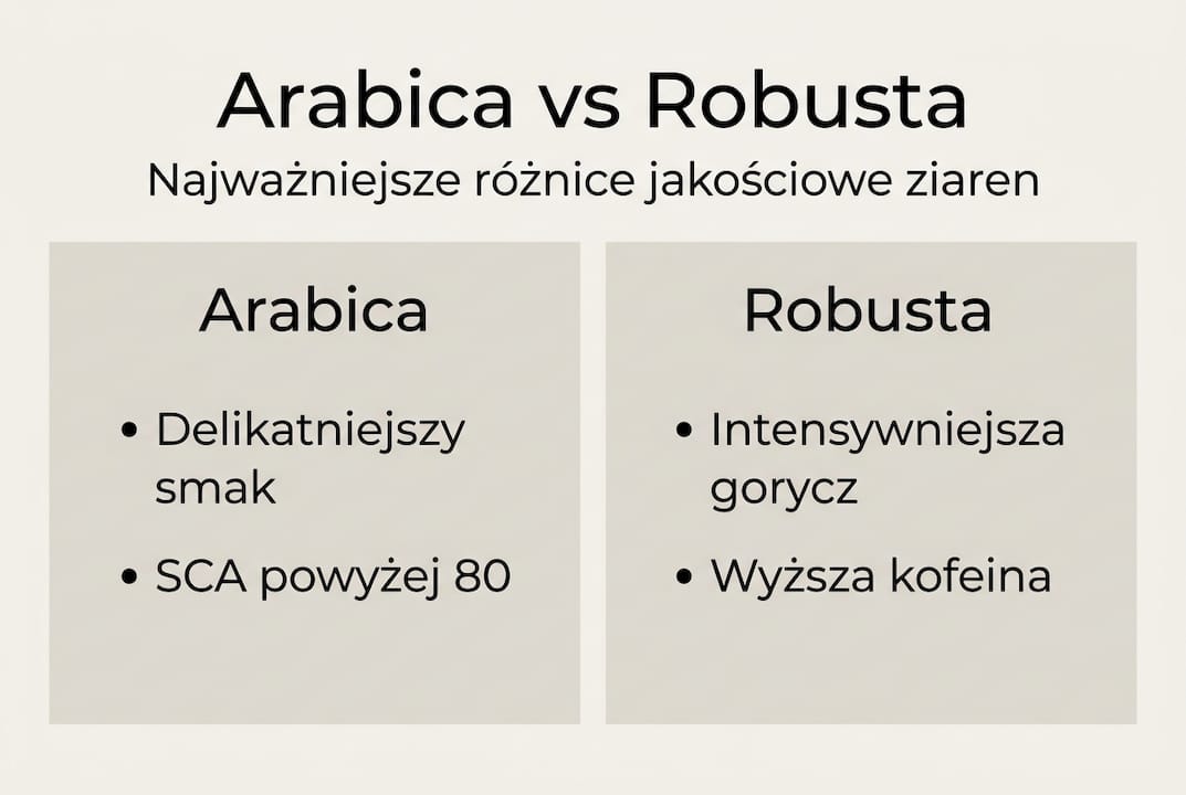 Na infografice zestawiono najważniejsze różnice między kawą arabica a robusta.