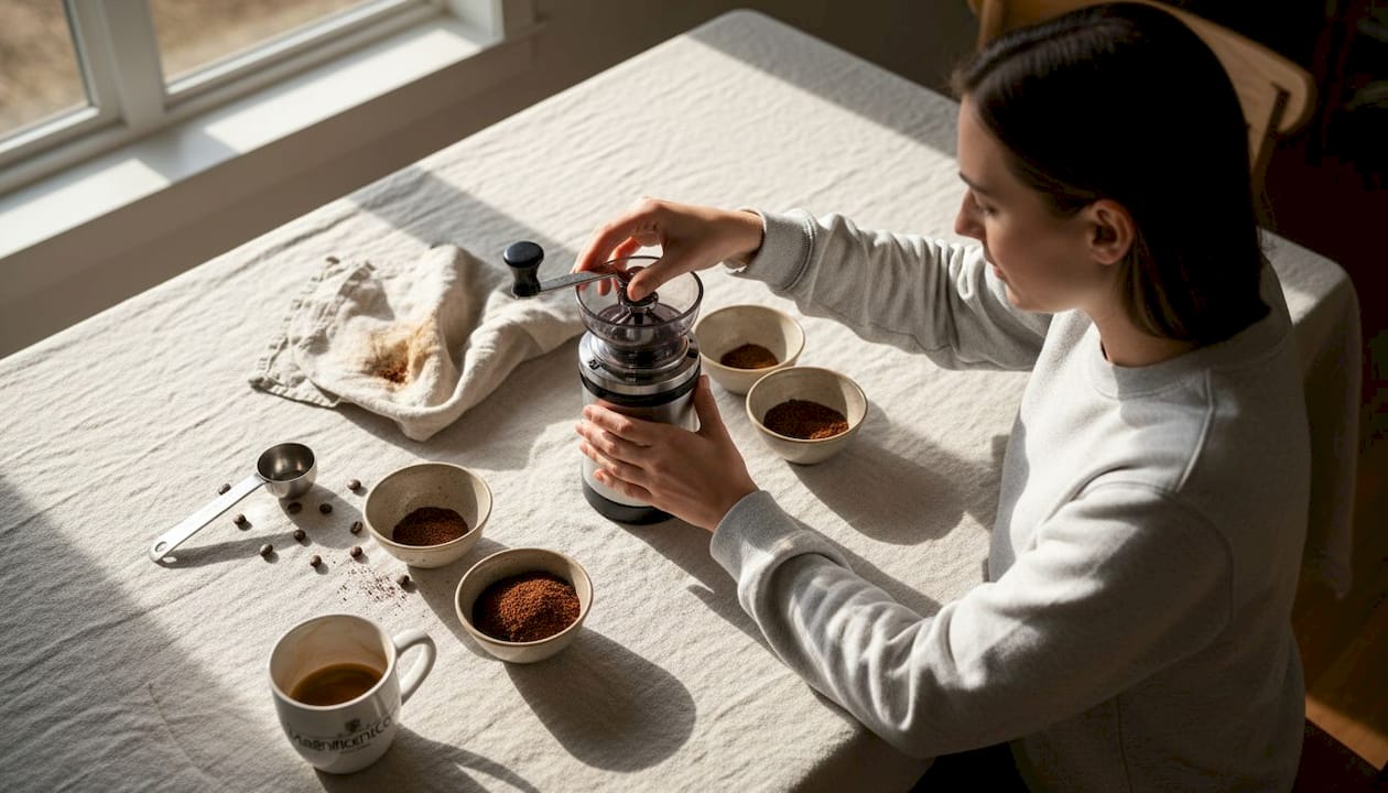 Próbowanie różnych sposobów mielenia kawy przy kuchennym stole