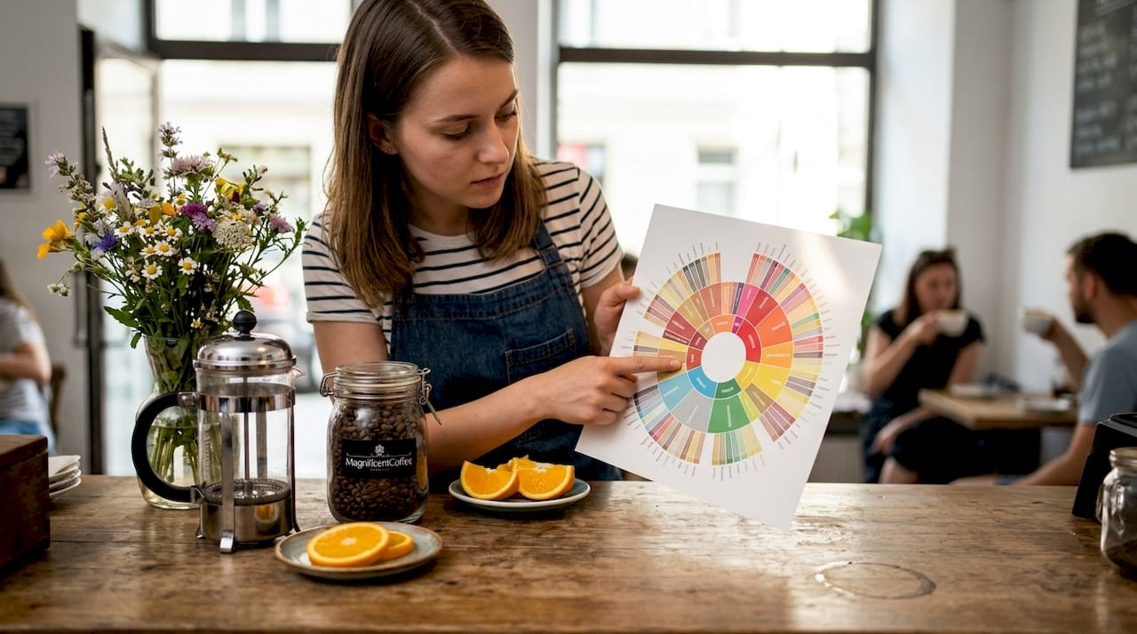Barista w kawiarni przygląda się smakowemu kołu kawy, próbując odkryć nowe nuty i aromaty.