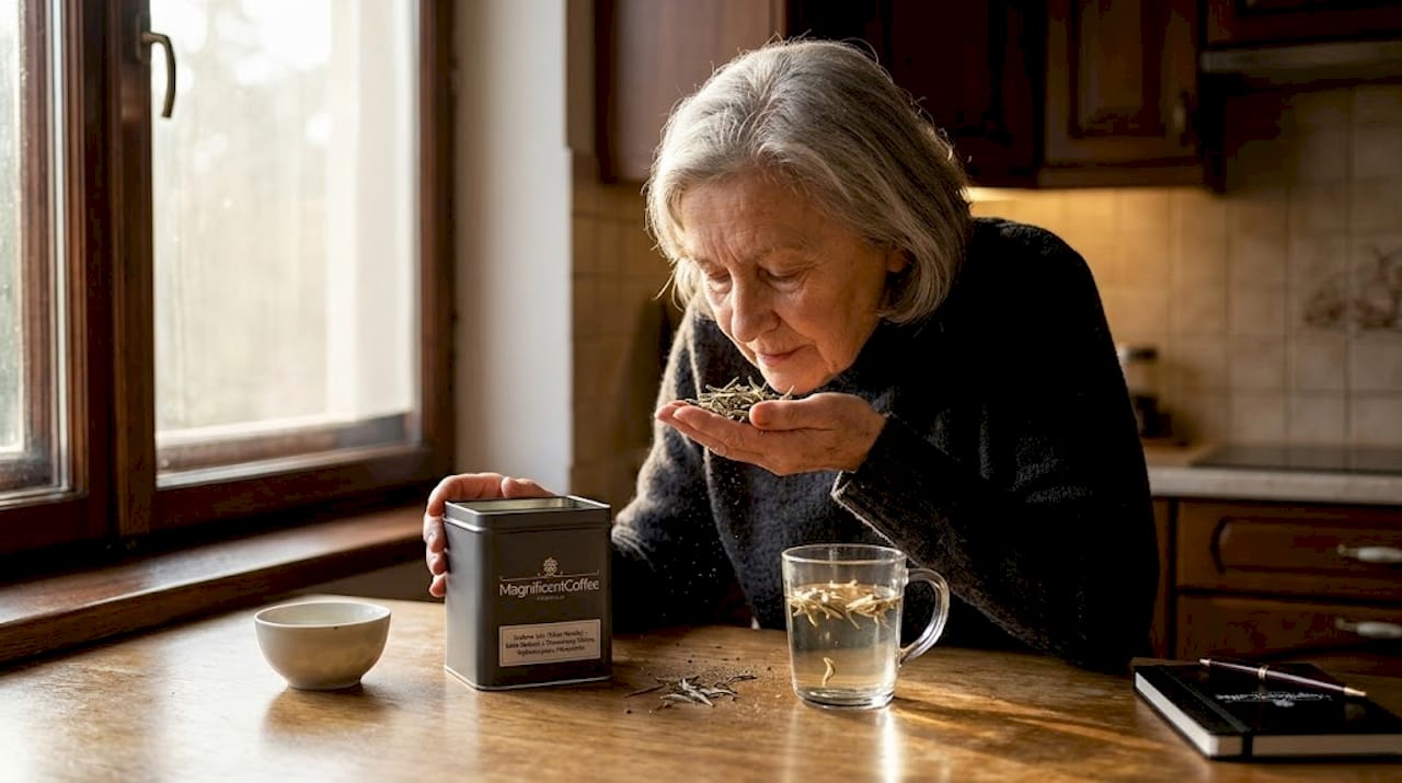 Kobieta ocenia, czy liściasta herbata jest świeża