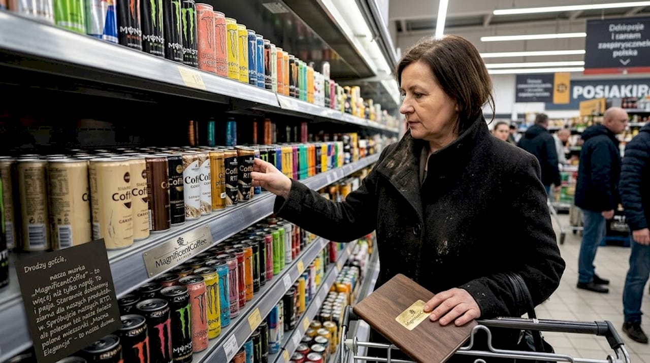 Klientka zastanawia się, którą kawę gotową do picia wybrać z półki w sklepie.