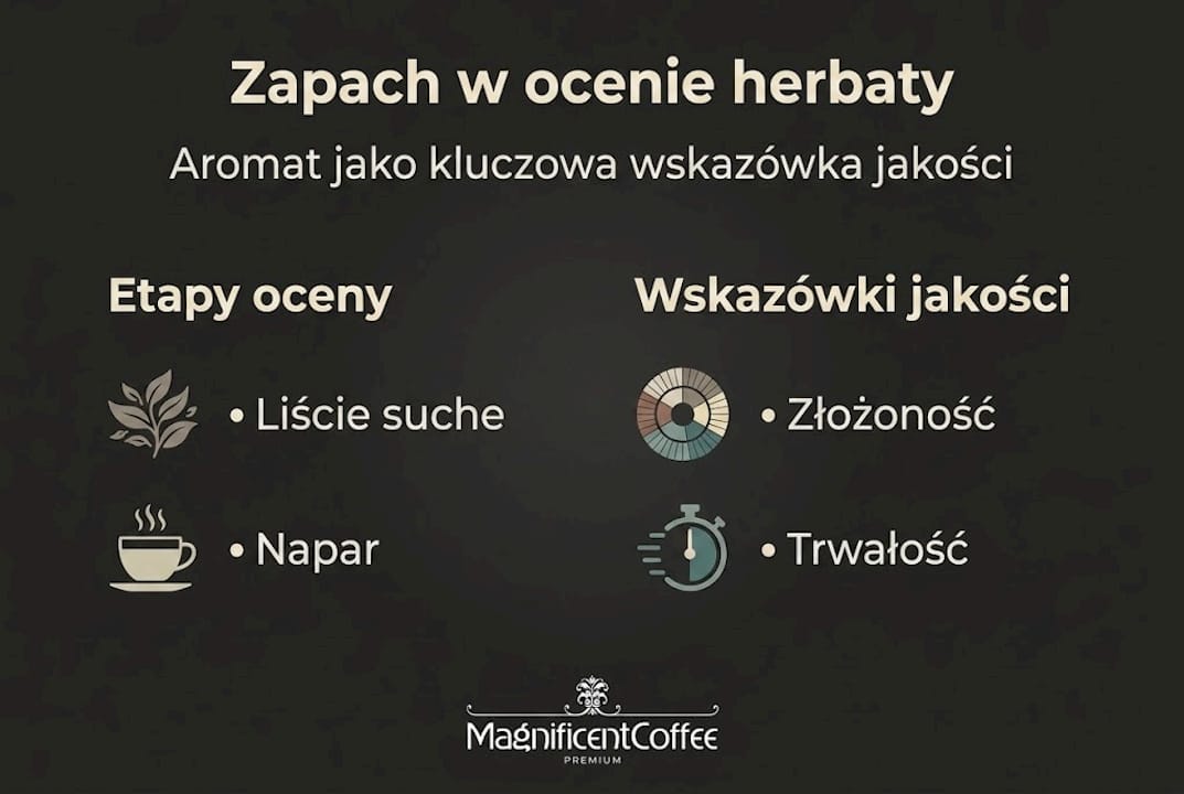 Infografika przedstawiająca kolejne kroki oceny aromatu herbaty oraz praktyczne wskazówki, na co zwracać uwagę, by właściwie ocenić jej zapach.