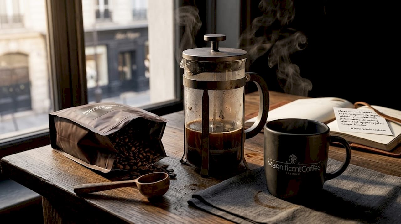 Świeżo zaparzona kawa w French pressie, z którego unosi się aromatyczna para