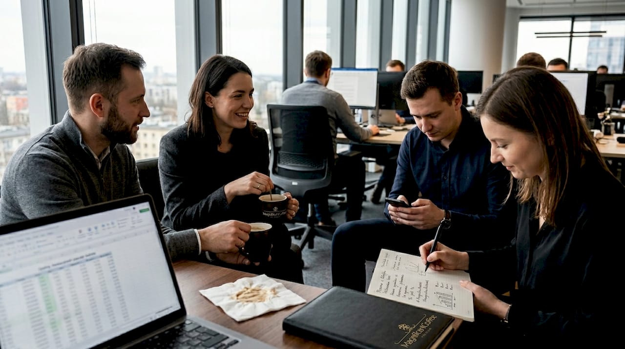 Chwila odpoczynku przy kawie – zespół wymienia się spostrzeżeniami i żartuje przy biurowym stoliku.