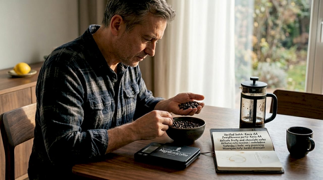 Mężczyzna dokładnie przygląda się ziarnom kawy Blue Mountain, oceniając ich jakość.