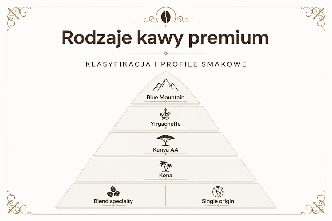 Piramida kawowych smaków premium – infografika prezentująca różne rodzaje wyśmienitej kawy