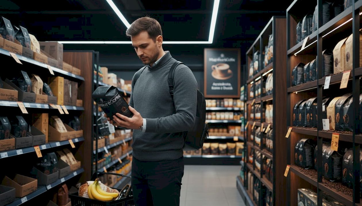 Mężczyzna uważnie czyta etykietę kawy podczas zakupów w supermarkecie.