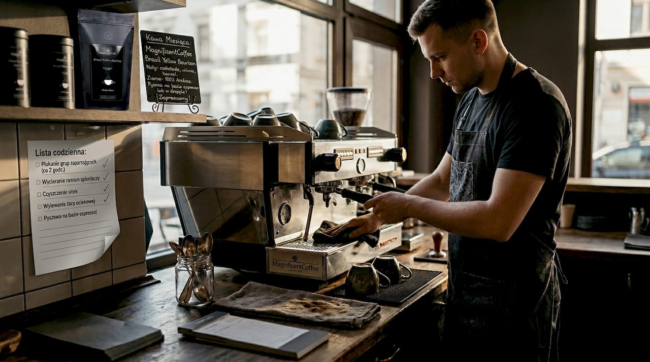 Barista dokładnie czyści ekspres do kawy, dbając o każdy szczegół, aby w kawiarni zawsze można było napić się perfekcyjnej kawy.