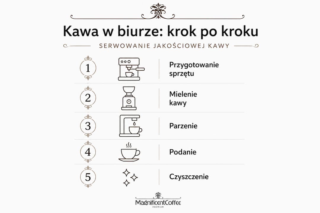 Infografika przedstawiająca kolejne etapy serwowania kawy
