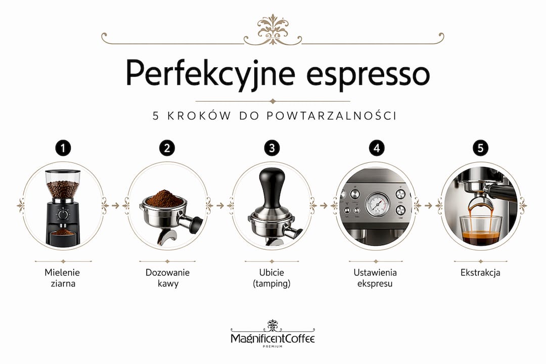 Schemat przedstawiający etapy przygotowania idealnego espresso