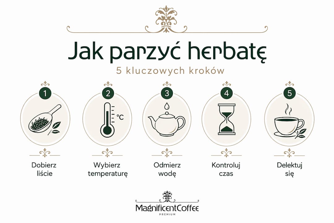 Infografika pokazująca najważniejsze etapy przygotowania herbaty