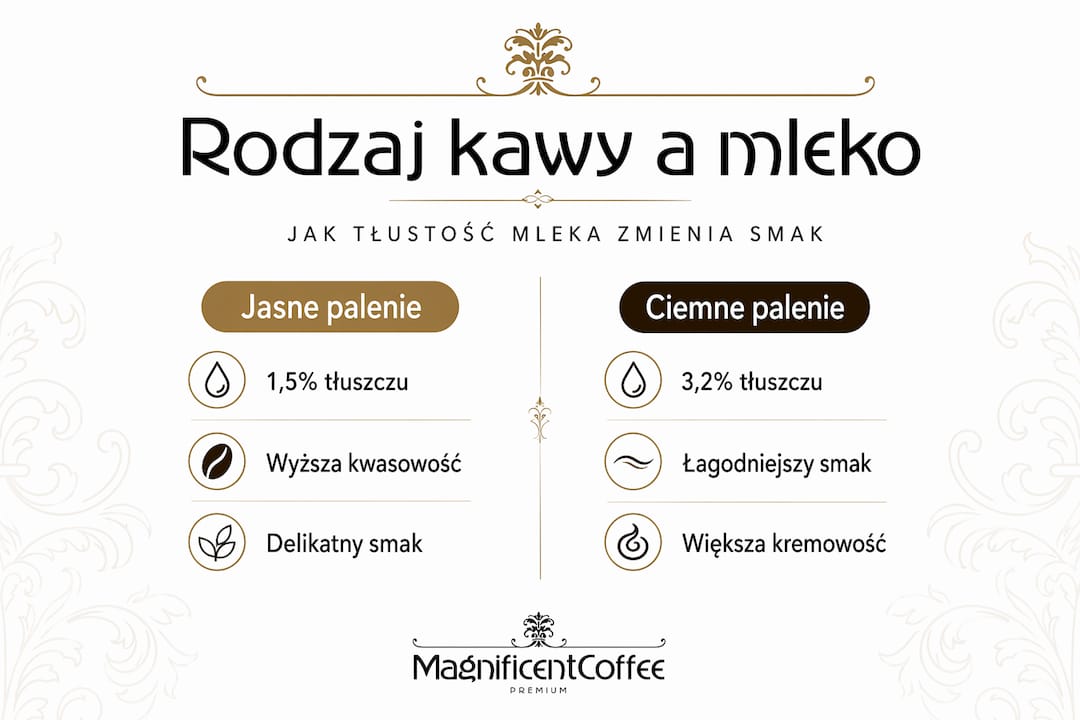 Na infografice zestawiono różne rodzaje mleka i pokazano, które z nich najlepiej pasują do jasnych oraz ciemnych kaw.