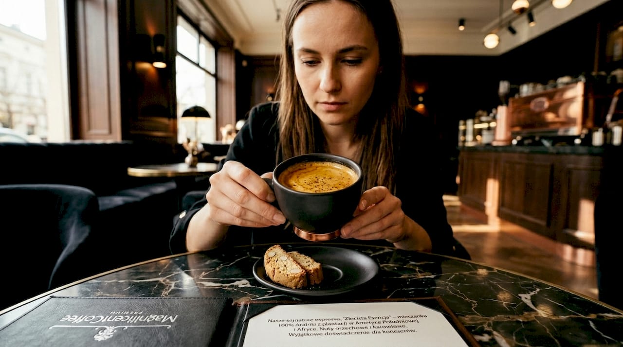Przy stoliku w kawiarni z ciekawością przyglądam się piance na świeżo zaparzonej espresso.