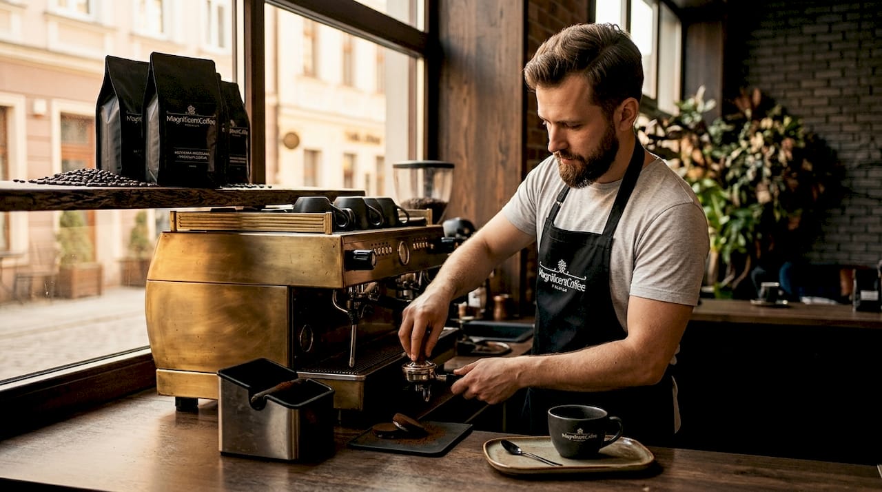 Barista w kawiarni starannie ubija zmieloną kawę przed zaparzeniem espresso.