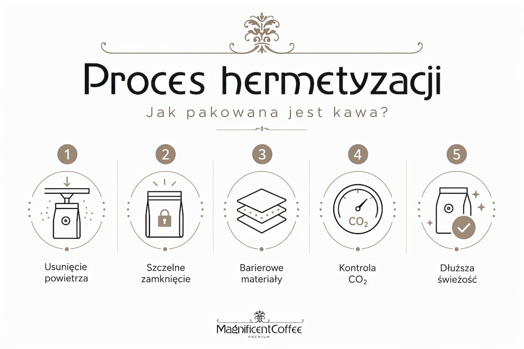 Infografika pokazująca krok po kroku, jak przebiega proces hermetycznego pakowania kawy
