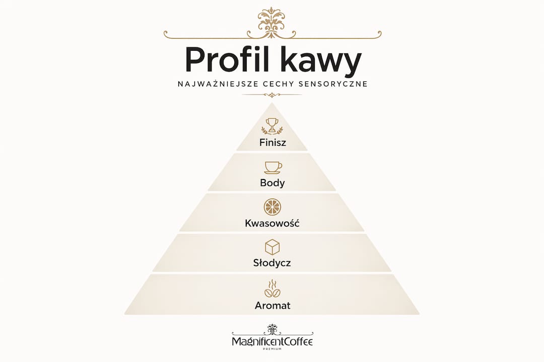 Infografika przedstawiająca hierarchię profili sensorycznych kawy