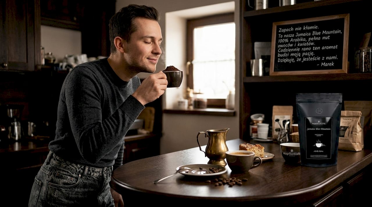 Barista z zachwytem wdycha aromat świeżo zmielonej kawy.
