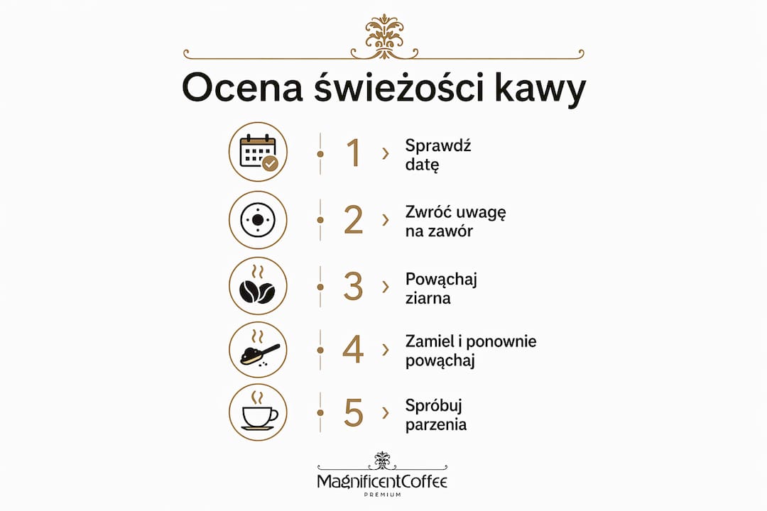 Grafika przedstawiająca jak krok po kroku sprawdzić, czy kawa jest świeża